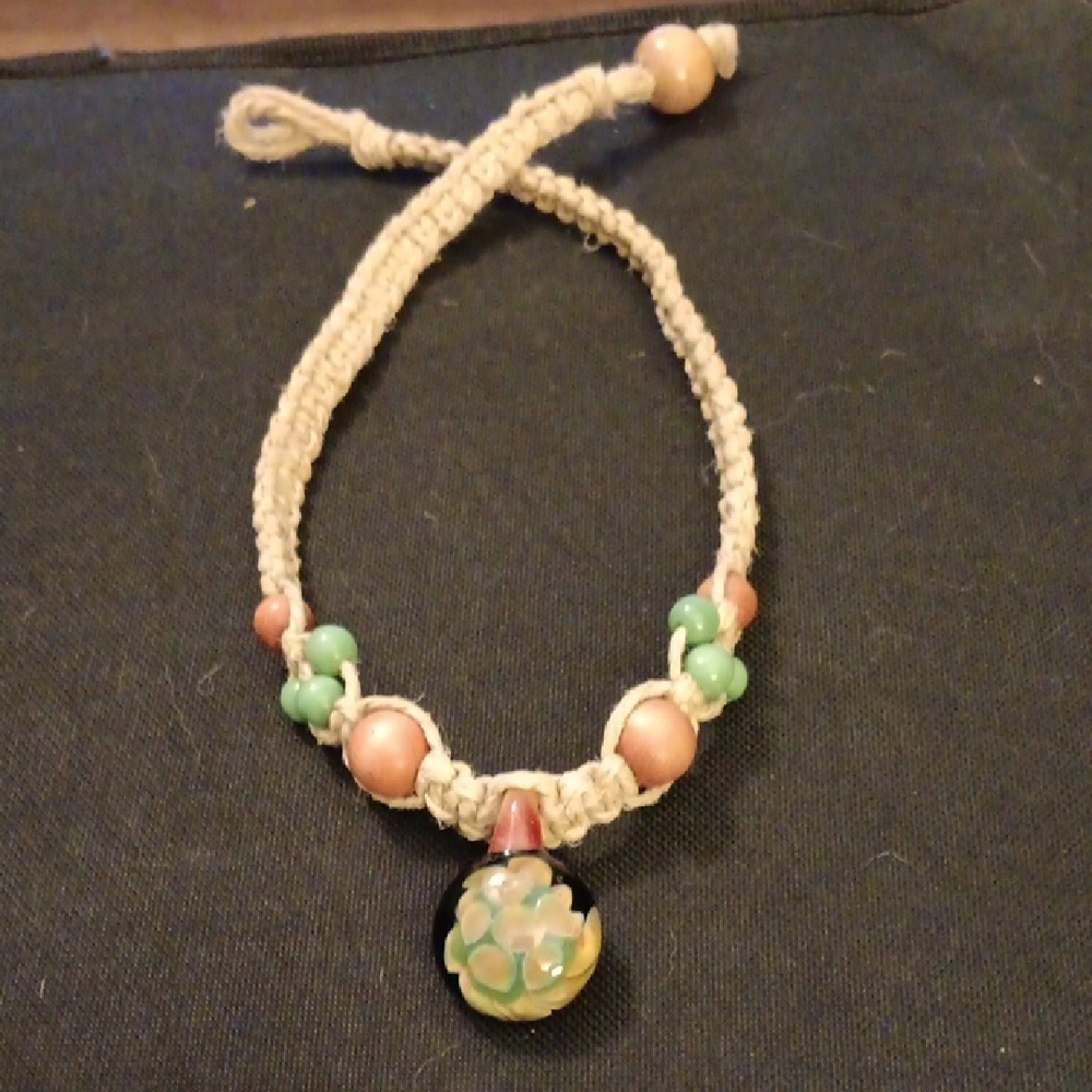 Handcrafted Macrame Beaded Necklace with Handblown Glass Pendant